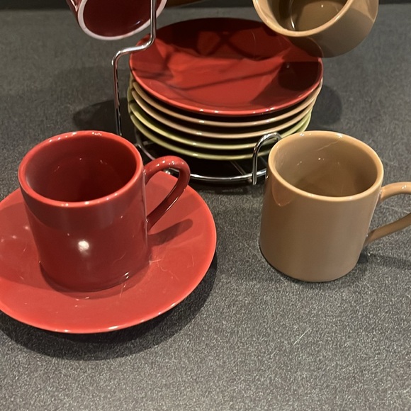 Espresso set with cups, plates and rack. Red, olive green, and tan - Picture 3 of 5